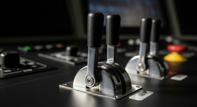 Polished steel control levers with ergonomic grips on a ship's navigation panel for precise engine operation