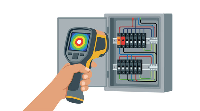 The hand-held thermal scanner is pointed at an open electrical circuit breaker box to detect wiring heat patterns in a professional industrial environment setting.