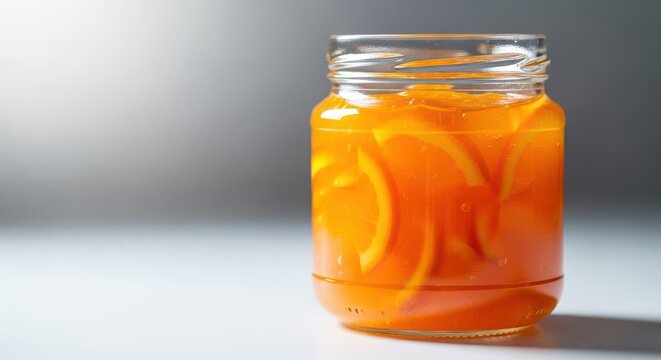 Vibrant orange citrus marmalade in a glass jar, showing thick, homemade texture and visible fruit peel slices, orange, fresh, breakfast