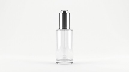 Naklejka premium Clear glass dropper bottle with silver cap on white background