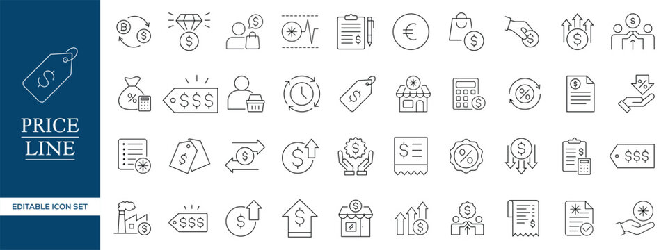 Price Line Icons Set, Discount Pricing Payment Ecommerce Outline Vector Collection Editable Stroke