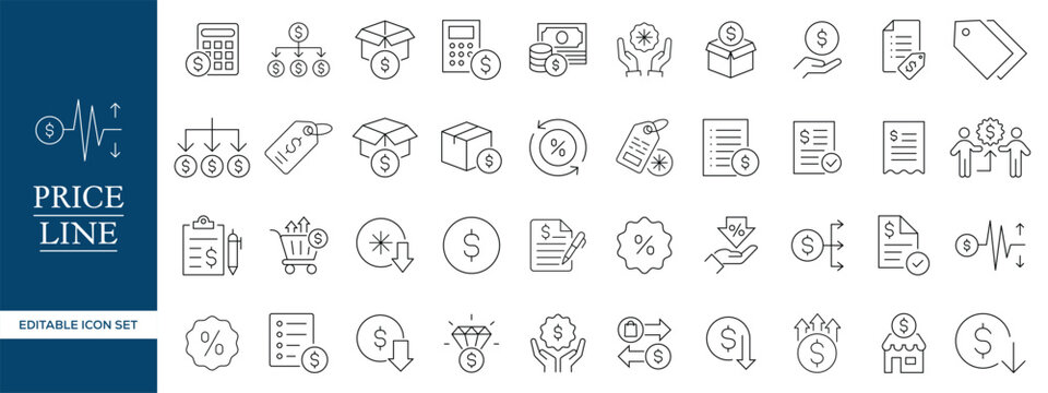 Price Line Icons Set, Discount Pricing Payment Ecommerce Outline Vector Collection Editable Stroke