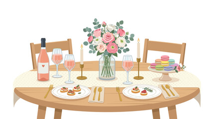 Obraz premium A romantic dinner table is set with two plates of appetizers, a bottle of ros wine, and a bouquet of pastel flowers arranged on a patterned tablecloth indoors.