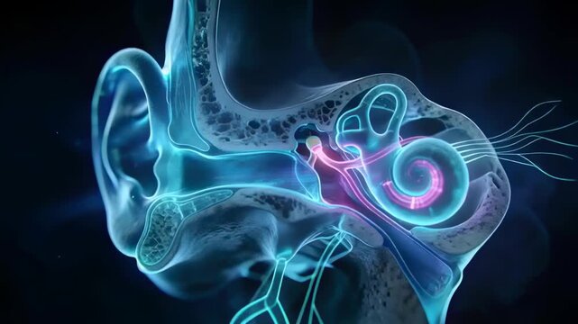 Animating ear pulsing from sound at eardrum, moving ossicles to cochlea and activating nerve in lab