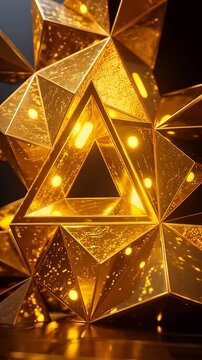 Golden geometric shapes glowing in dark background
