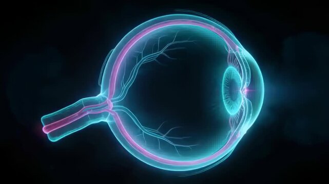 Starting playback eye model rotating at black backdrop, pulsing retinal vessels, showing lens focus