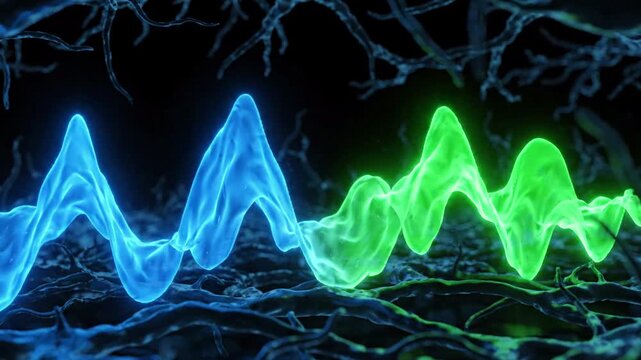 abstract glowing sound wave forms blue and green pulsating energy in dark, digital soundscape, audio visualization, electronic music, rhythm, waveform