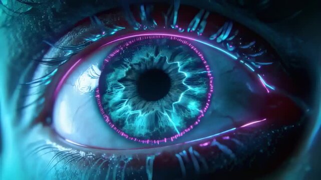 Signal activating cyber overlay, human eye tracking scan at studio, cyan iris magenta ring pulsing