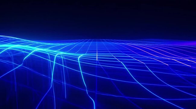 Futuristic neon blue grid lines extending into the distance on a dark background representing cyberspace or virtual reality abstract technology retro perspective light