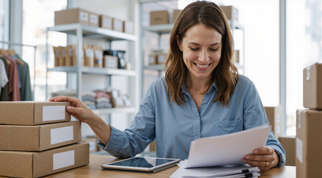 Small business owner smiling while checking shipping orders and inventory in a warehouse office