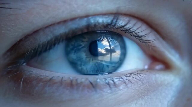 Blinking blue eye lowering eyelid then reopening to steady gaze at window, showing palm reflection