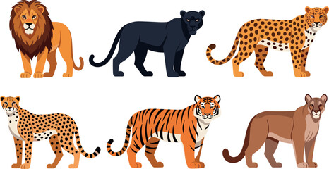 Big Cats Set Featuring Lions, Tigers, Leopards, and Panthers for Animal Illustrations © KP Studio