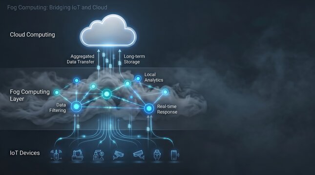 Fog computing visualization with cloud and iot devices on a dark background with blue neon lights