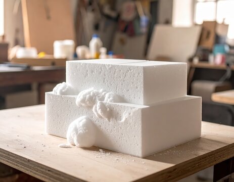 White foam blocks stacked on a wooden surface, with a blurred workshop background