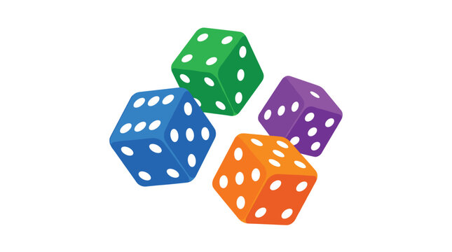 Four vibrant game dice in shades of green blue purple and orange are positioned in a floating arrangement isolated on a solid white background.