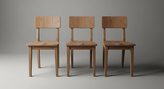 Three identical wooden chairs with a minimalist arranged in a row against a plain neutral grey background, showing clean lines and natural wood grain