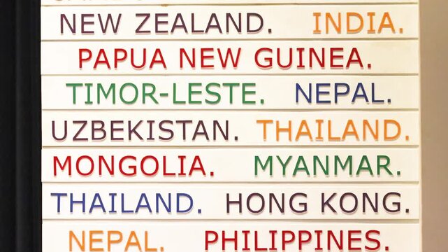 Vertical video of wall board listing Indonesia China Sri Lanka Cambodia New Zealand Papua New Guinea Timor Leste Uzbekistan Mongolia Thailand Brunei Australia and Japan. 