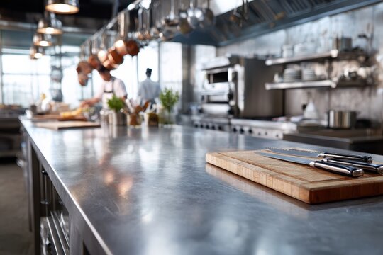 Pristine stainless steel counter in a professional kitchen with reflective surface and clean industrial lines