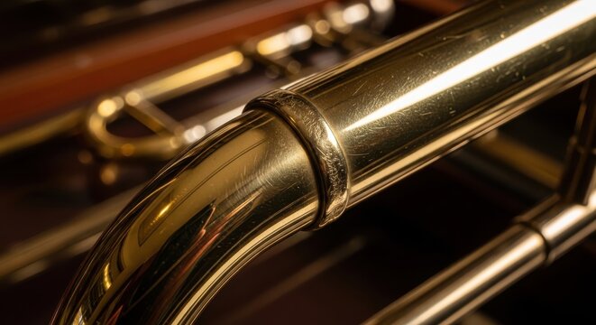 Close-up of a polished brass trombone slide showcasing subtle wear and reflections of light
