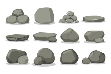 Granite stones illustration set, generic mountain rocks boulders pebbles and stone heap elements for nature and landscape design. © FASTSEO