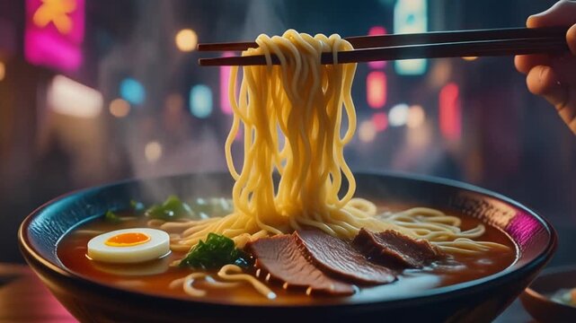 Luxury cinematic ramen video with steaming broth, noodles, beef slices, and dramatic neon night atmosphere inspired by modern Asian street food culture.