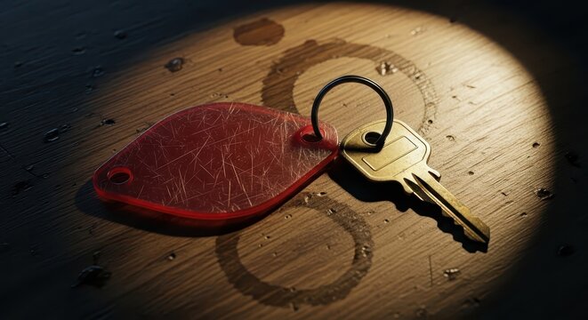 Close-up of a Metal Key with a Red Scratched Plastic Tag on a Dark Wooden Surface with Cof
