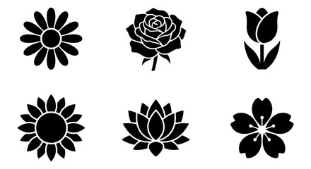 Black Silhouette Flower Icons Set, Vector Graphics: Daisy, Rose, Tulip, Sunflower, Lotus, Cherry Blossom for Floral Design and Nature Themes © MD