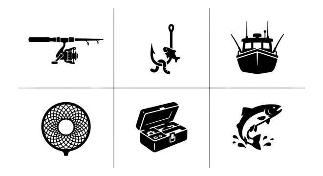 Fishing Icons Set: Rod, Reel, Hook, Fish, Net, Tackle Box, Boat, Vector Graphics for Sport and Hobby