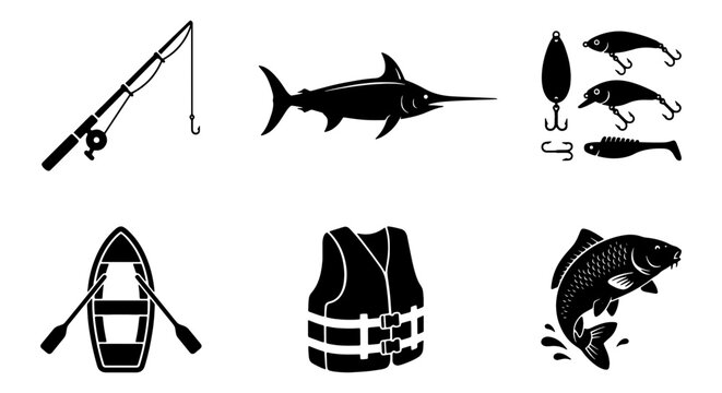 Fishing Icons Set: Rod, Swordfish, Lures, Boat, Life Vest, Jumping Fish Vector Graphics for Outdoor Recreation and Sport