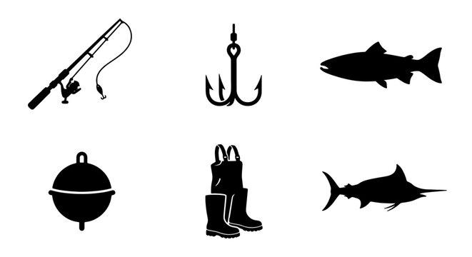 Fishing Icons Set: Rod, Hook, Fish, Buoy, Waders, Marlin Vector Graphics for Angling and Outdoor Recreation