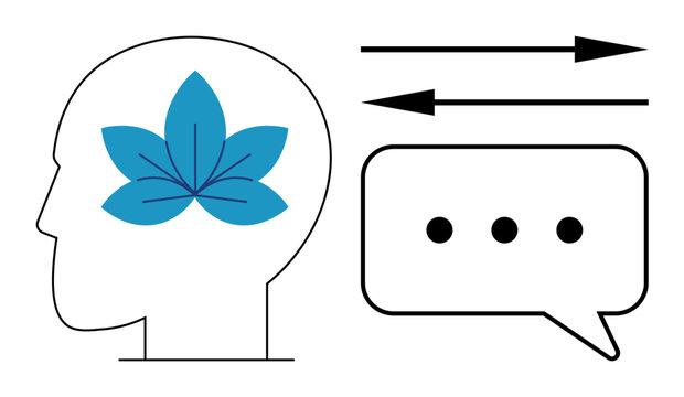 Mental health, mindfulness, communication, therapy, cognitive science, emotional well-being. Head silhouette with flower mental balance, arrows and speech bubble for interaction. Mental health
