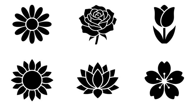 Black Silhouette Flower Icons Set, Vector Graphics: Daisy, Rose, Tulip, Sunflower, Lotus, Cherry Blossom for Floral Design and Nature Themes