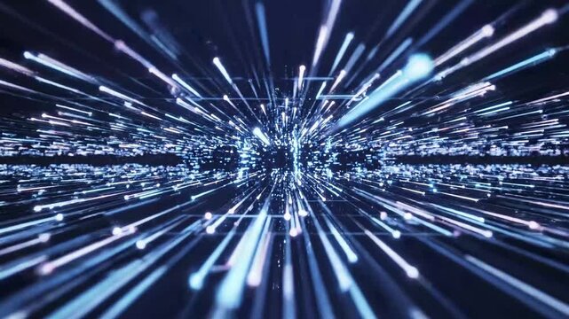 Digital data stream with glowing blue light particles moving fast through a virtual network.