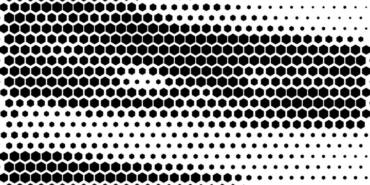 Hexagon halftone gradient texture. Abstract black grunge background.