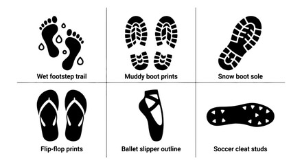 Diverse Footwear Impressions: Wet Footprints, Muddy Boot Tracks, Snow Soles, Flip-Flops, Ballet Slippers, Soccer Cleats Vector Icons © MD