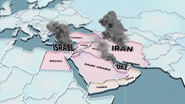  A 3D world map highlights Israel, and Iran, the Middle East, IRAN map, Israel map, iran israel war, UAE,