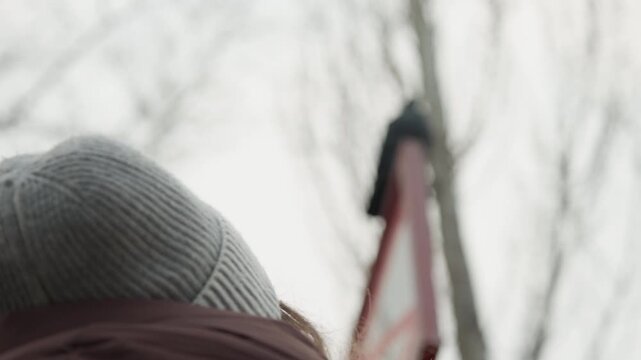 Crow perched on sign near beanie, wintry overcast day with bare tree branches, lowangle street view showing partial commuter profile in gray beanie glancing up, muted tones, quiet cinematic mood