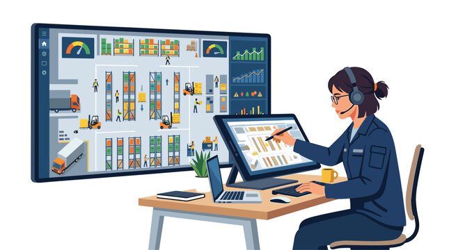 A professional employee uses a digital stylus on a drawing tablet while reviewing warehouse floor layouts and logistics data on a large wall-mounted monitor.