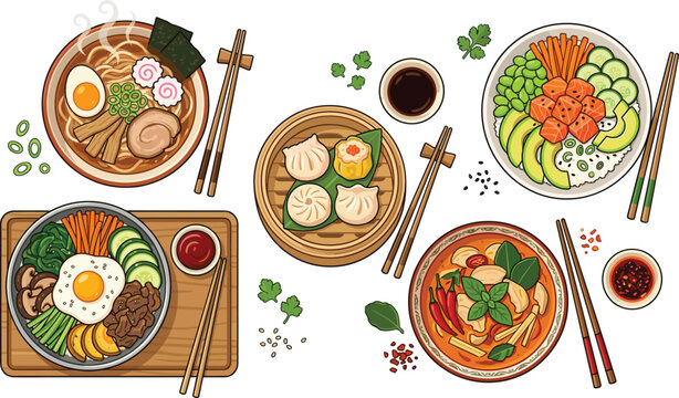 Assorted Asian cuisine flat vector set including ramen, bibimbap, dim sum, poke bowl, and spicy Tom Yum soup.