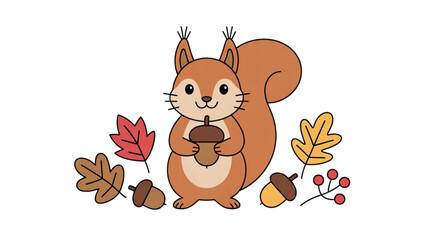 Cute cartoon squirrel holding an acorn with autumn leaves around Vector © MST REZIA