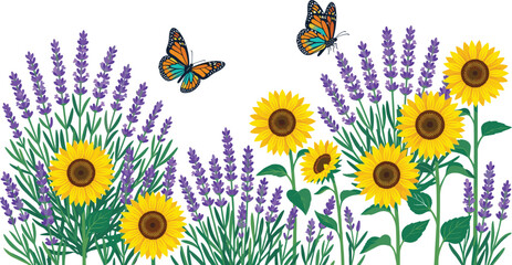 Floral garden border with sunflowers, lavender, and monarch butterflies.Floral garden border with sunflowers, lavender, and monarch butterflies. © msthasina