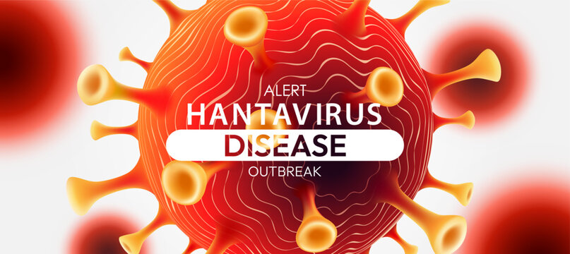 Hantavirus disease outbreak alert banner with red virus cell, vector illustration