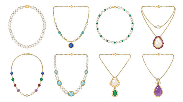 A collection of assorted elegant necklaces featuring lustrous pearls and vibrant gemstone pendants arranged systematically against a clean and minimalist white background.