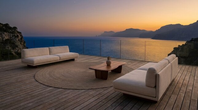 Exclusive luxury summer vacation resort, private teak wood deck with empty sun loungers, chilled champagne and infinity pool overlooking the Mediterranean sea at golden hour sunset