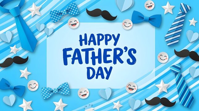 Fathers Day celebration arrangement with mustache and bow tie decorations on blue background