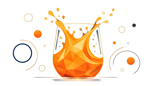 Geometric orange juice splash in glass, low poly citrus drink illustration, vibrant liquid explosion with abstract circular elements isolated on White Background