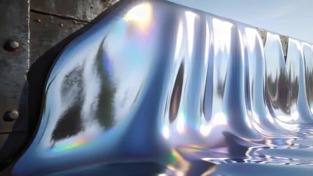 Flowing iridescent fabric sliding down rusted panel with rivets under sun, gravity pulling folds