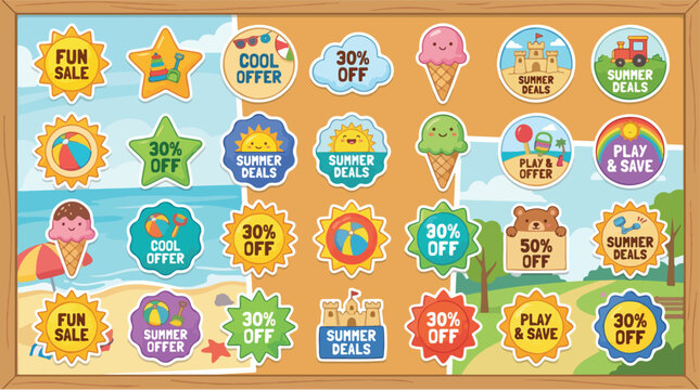 Summer sale sticker collection, 28 colorful seasonal discount labels and badges, cute cartoon promotional tags for beach and vacation offers