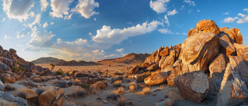 Ancient Native American Petroglyphs Carved into Massive Boulders Joshua Tree Desert Archaeological Panorama Vista