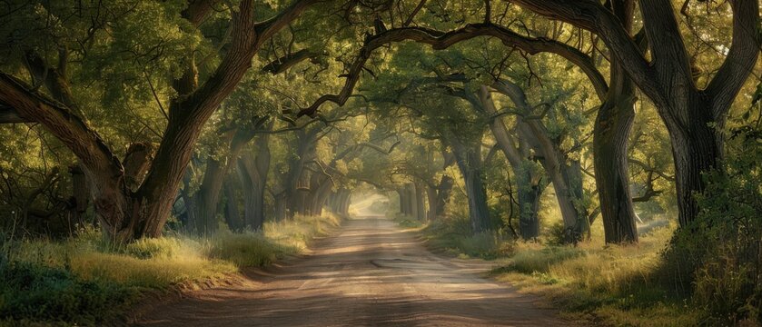 Ancient Oak Allee Forming Natural Tunnel Over Dirt Road in Rural Country Woodland Pathway